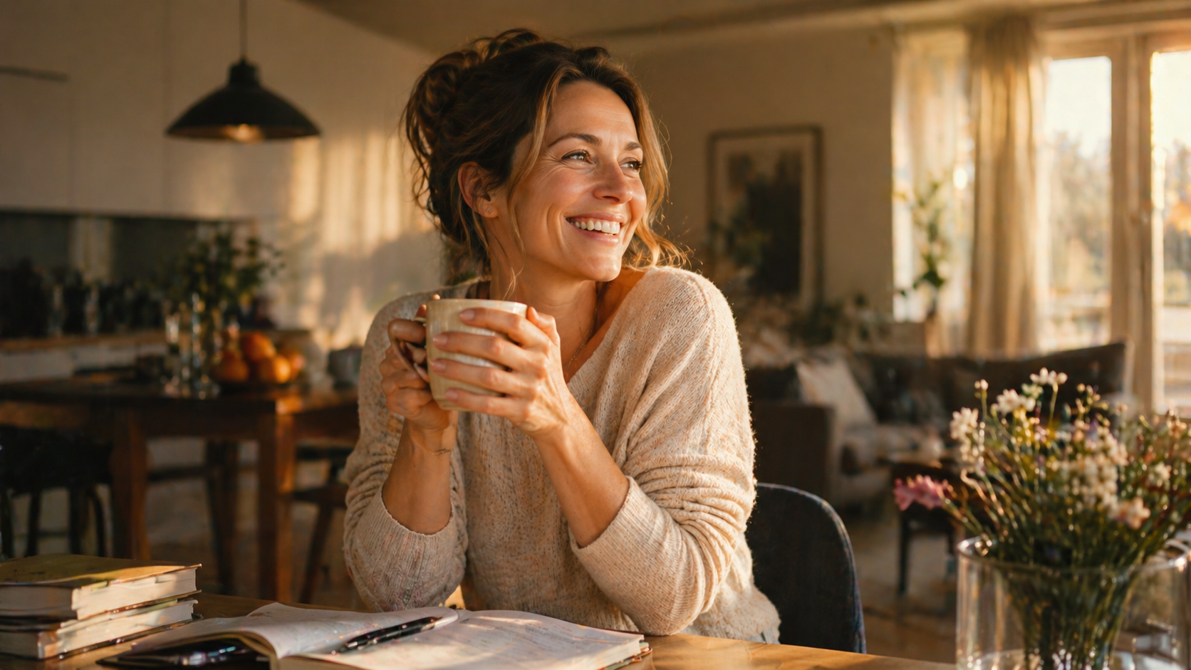 A woman smiling, coffee in hand, in a sunlit kitchen