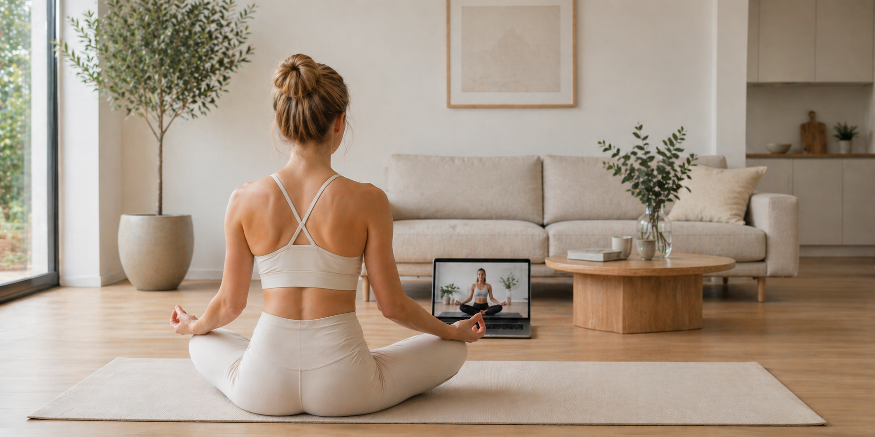 A woman practising yoga at home